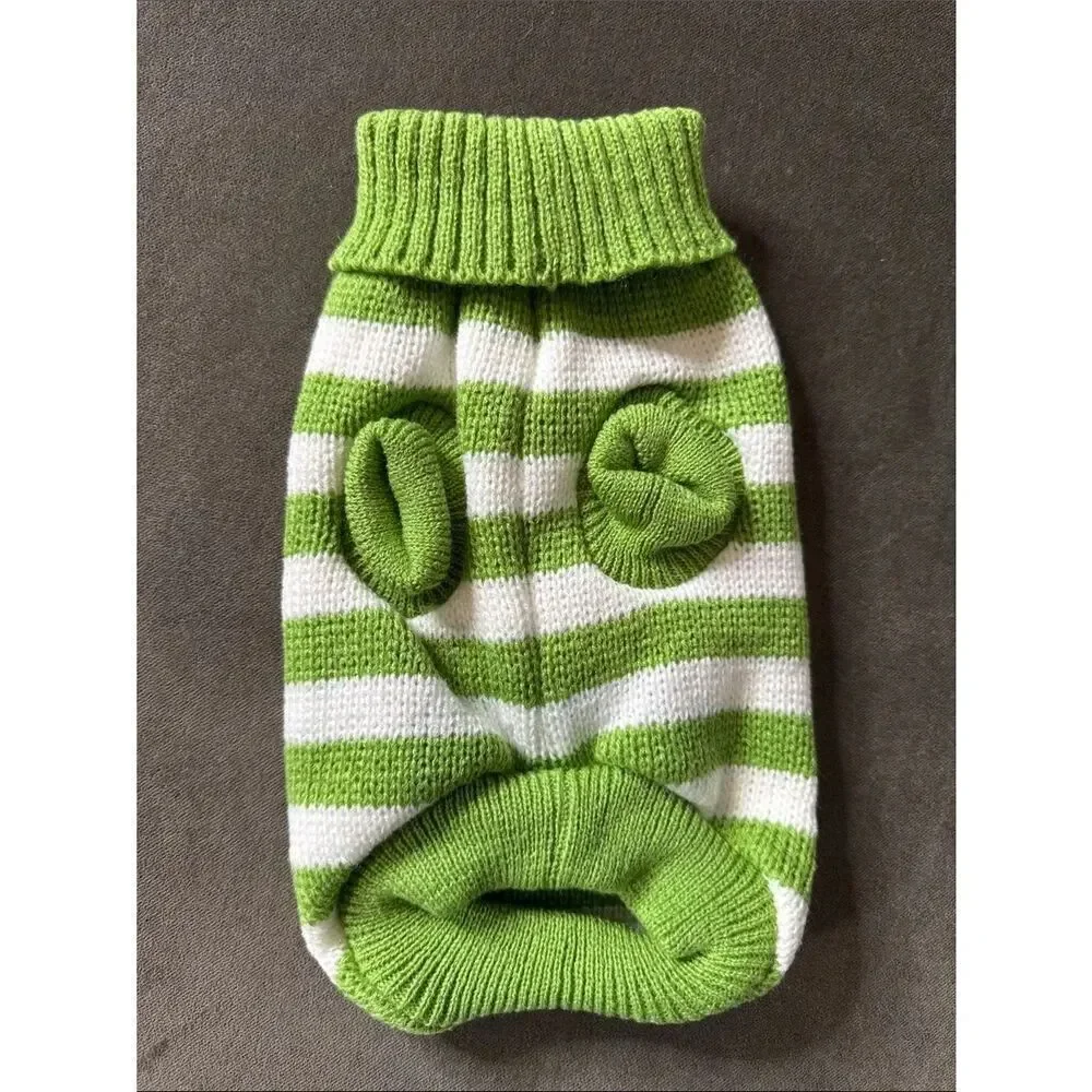 Green and White Striped Knit Pet Dog Cat Sweater Ribbed Turtle Neck Size M NEW